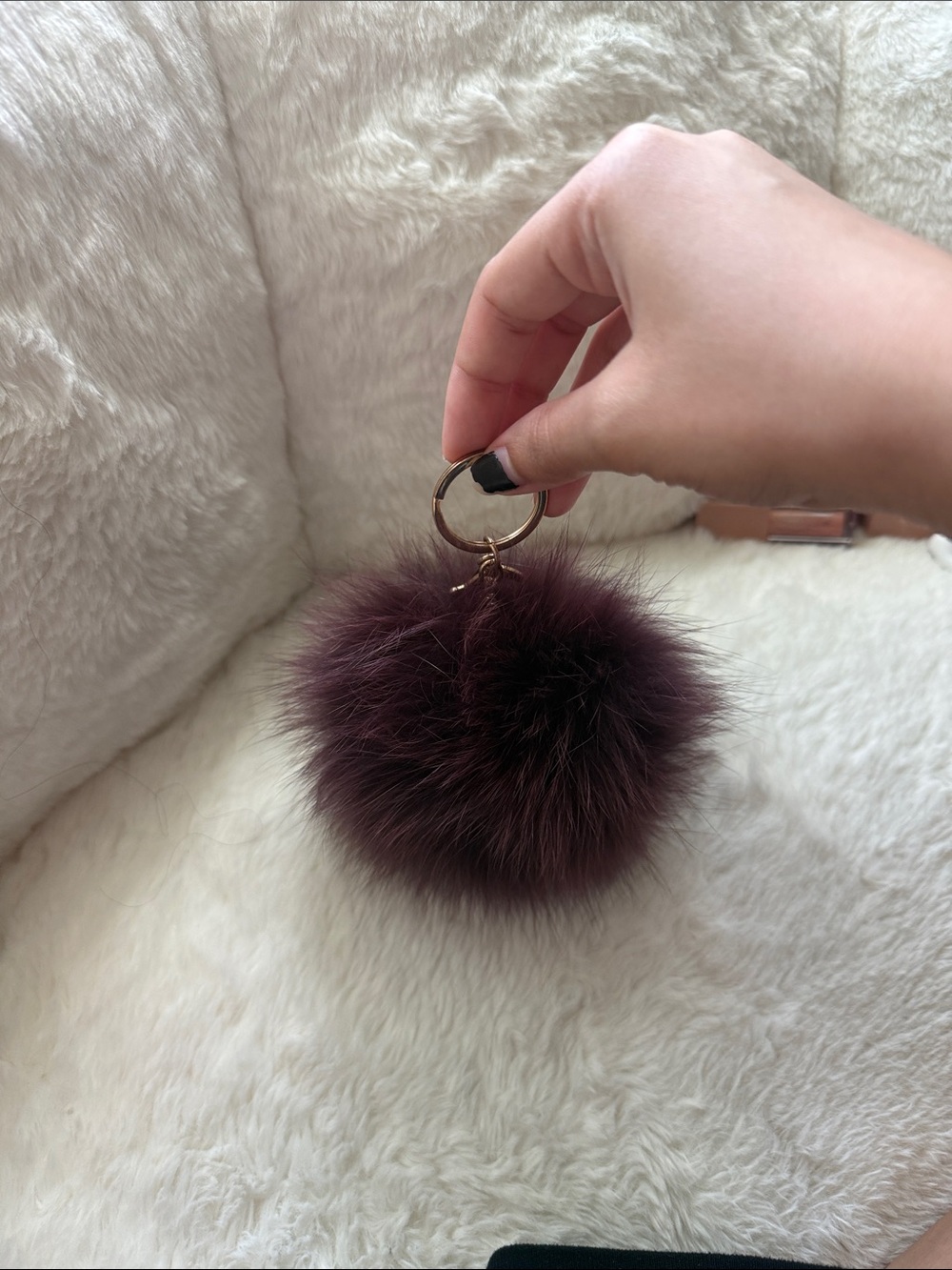 Keychain maroon cranberry dark red pom Pom fluffy faux fur soft key chain pompom